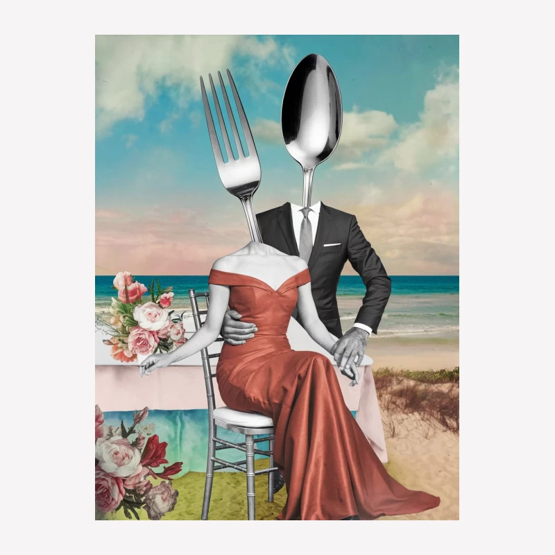 Surreal Beach Romance: Utensil-Headed Couple in Formal Attire Male T-Shirt
