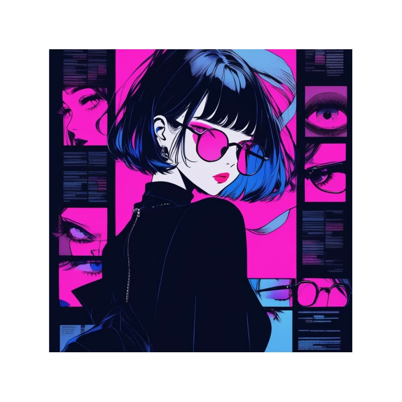 Cyberpunk Anime Girl in Neon-Lit Retro Futuristic Style Tapestry