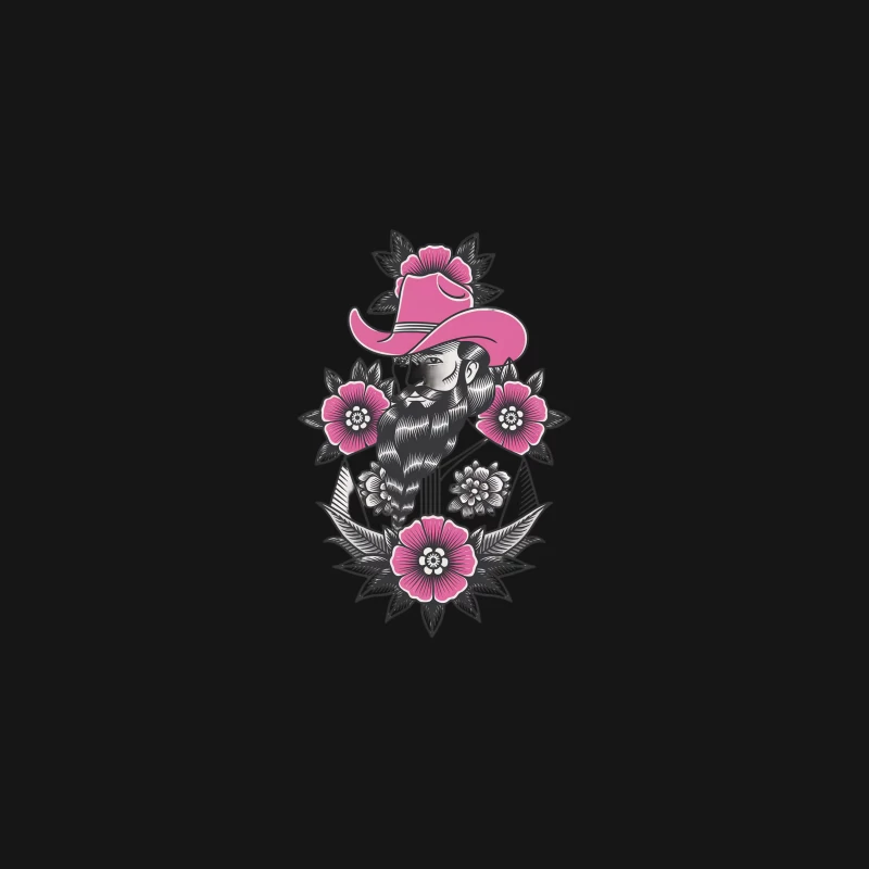 Bearded Cowboy with Pink Hat in Floral Tattoo Style Desk Mat
