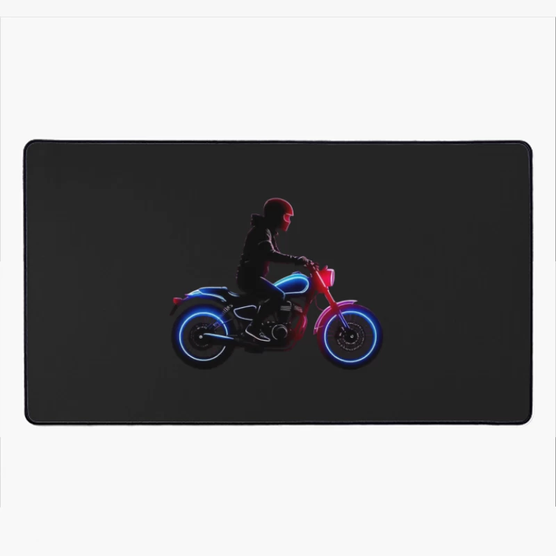 Neon-Lit Motorcycle Rider Silhouette Desk Mat