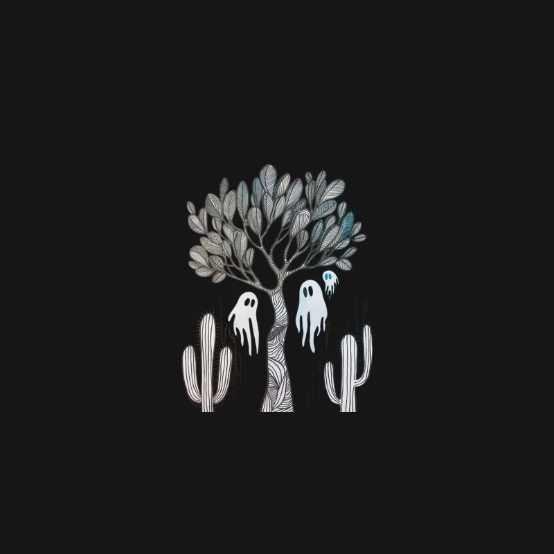 Whimsical Nature: Abstract Tree with Ghosts and Cacti Desk Mat