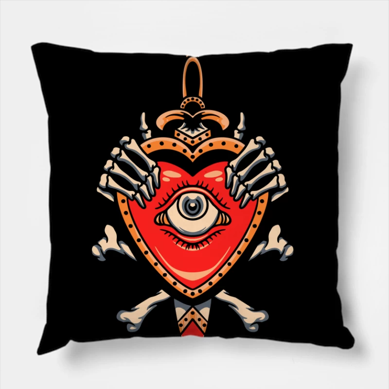 Heart with Eye and Skeleton Hands Throw Pillow