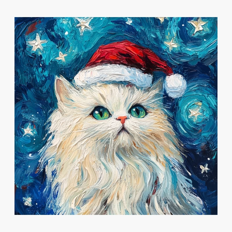 White Cat with Santa Hat in Starry Night Painting Throw Pillow