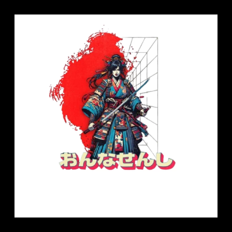 Warrior in Traditional Japanese Kimono with Katana Against Red Sun Pin