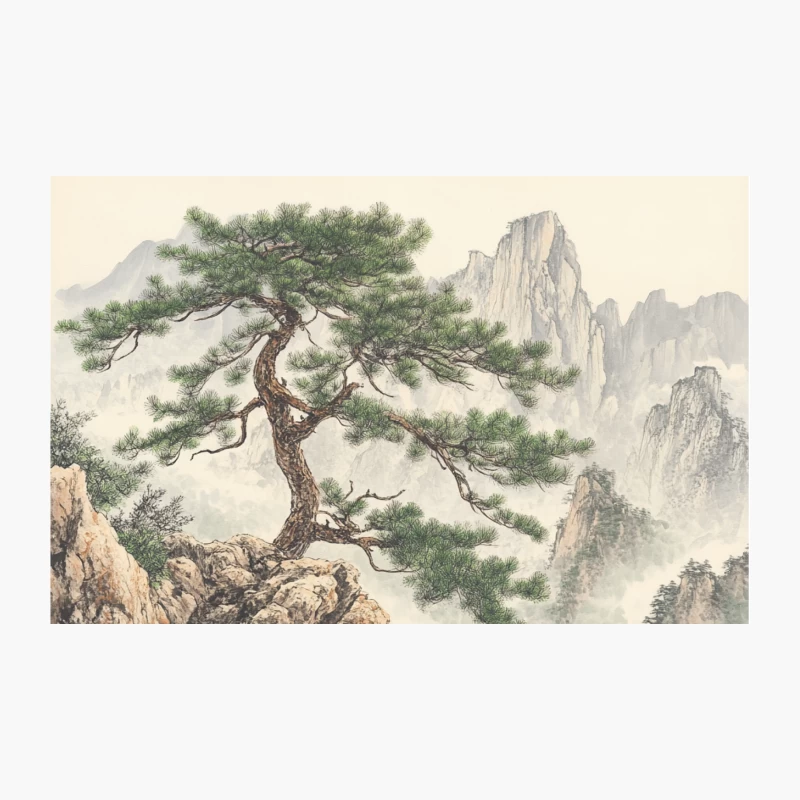 Misty Mountain Landscape with Solitary Pine: Traditional Chinese Painting Travel Mug