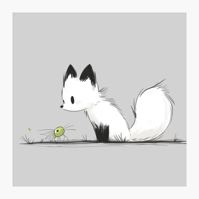 Cute Minimalist Fox and Bug Illustration in Black and White Pin