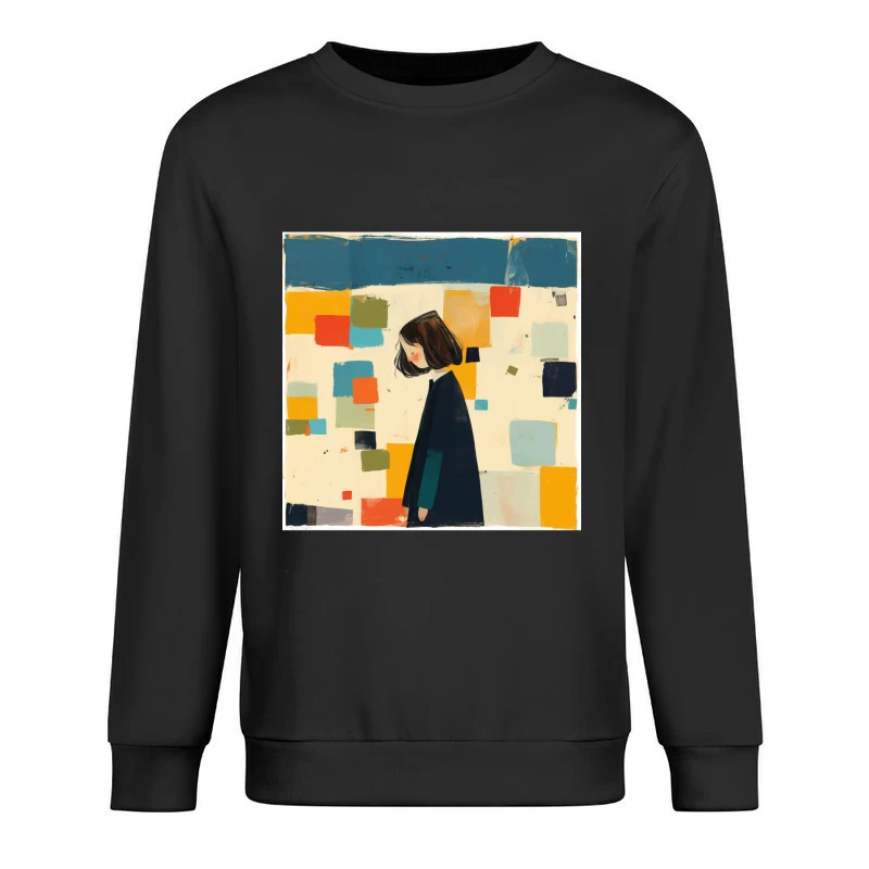 Minimalist Illustration of Figure in Black Coat Against Colorful Abstract Squares Male Pullover Sweatshirt