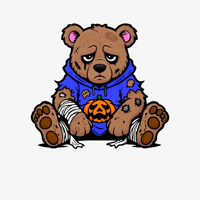 Sad Injured Teddy Bear in Blue Hoodie with Halloween Pumpkin Male Pullover Sweatshirt