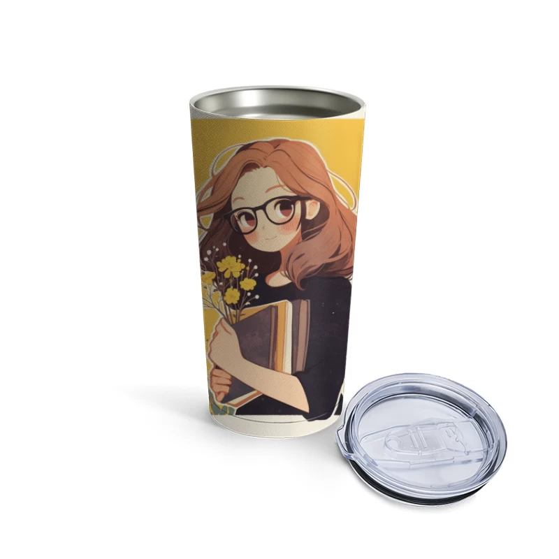 Bookish Girl with Yellow Flowers - Anime Style Illustration Travel Mug