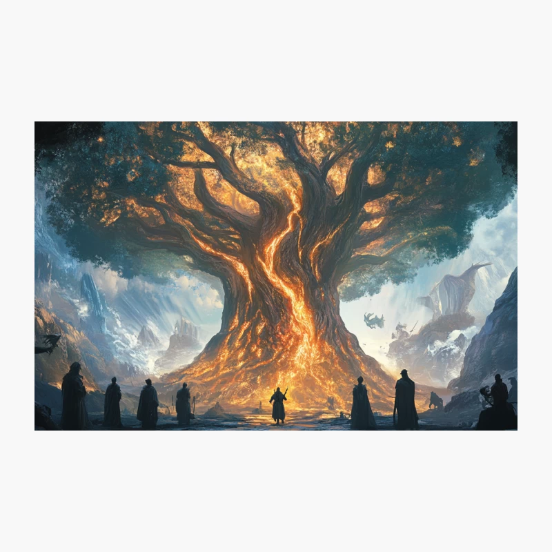 Mystical Glowing Tree with Silhouetted Figures in Epic Fantasy Landscape Travel Mug