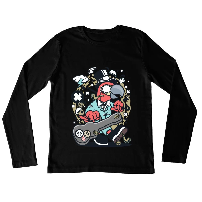 Perroquet chic avec guitare et chapeau haut-de-forme Femme Manches Longues T-Shirt