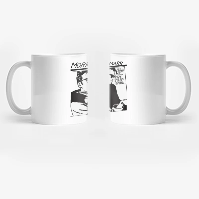 Black and White Comic Style Portrait of Morrissey and Marr with Dark Humor Quote Coffee Mug