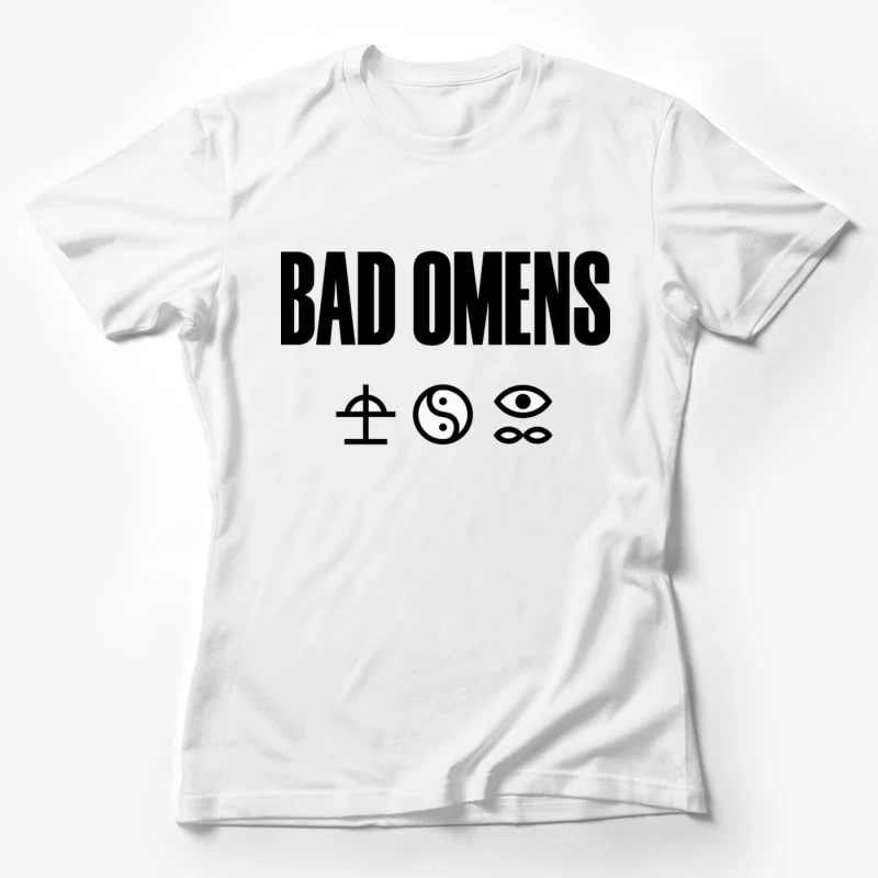 Bad Omens Band Logo with Mystical Symbols in Black and White Female T-Shirt