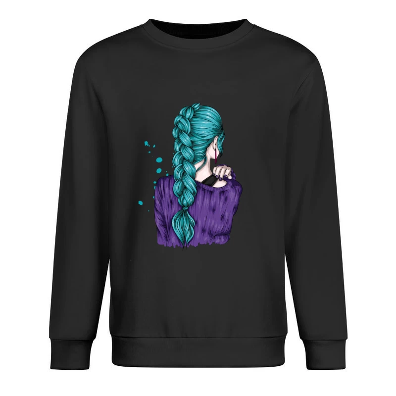 Teal Braided Hair Fashion Illustration Male Pullover Sweatshirt