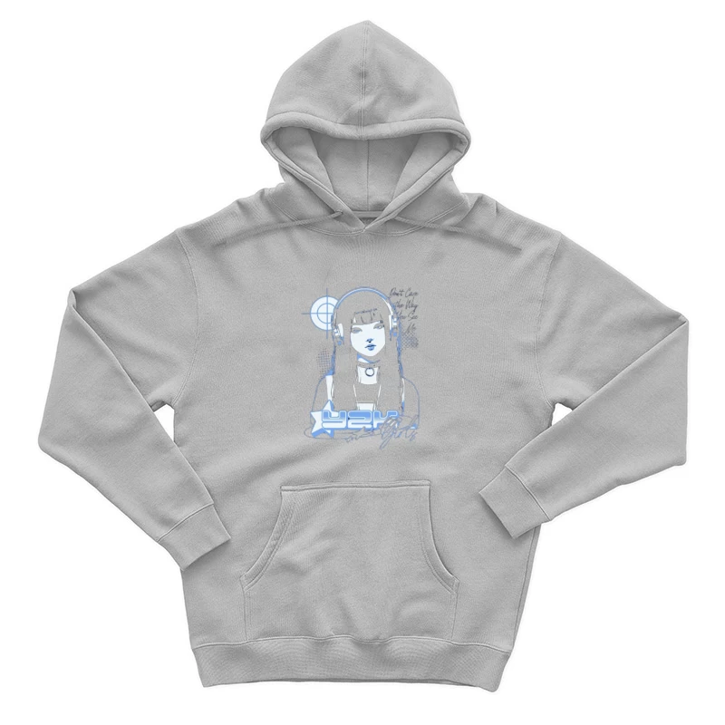 Blue Monochrome Gothic Anime Girl with Headphones Male Pullover Hoodie