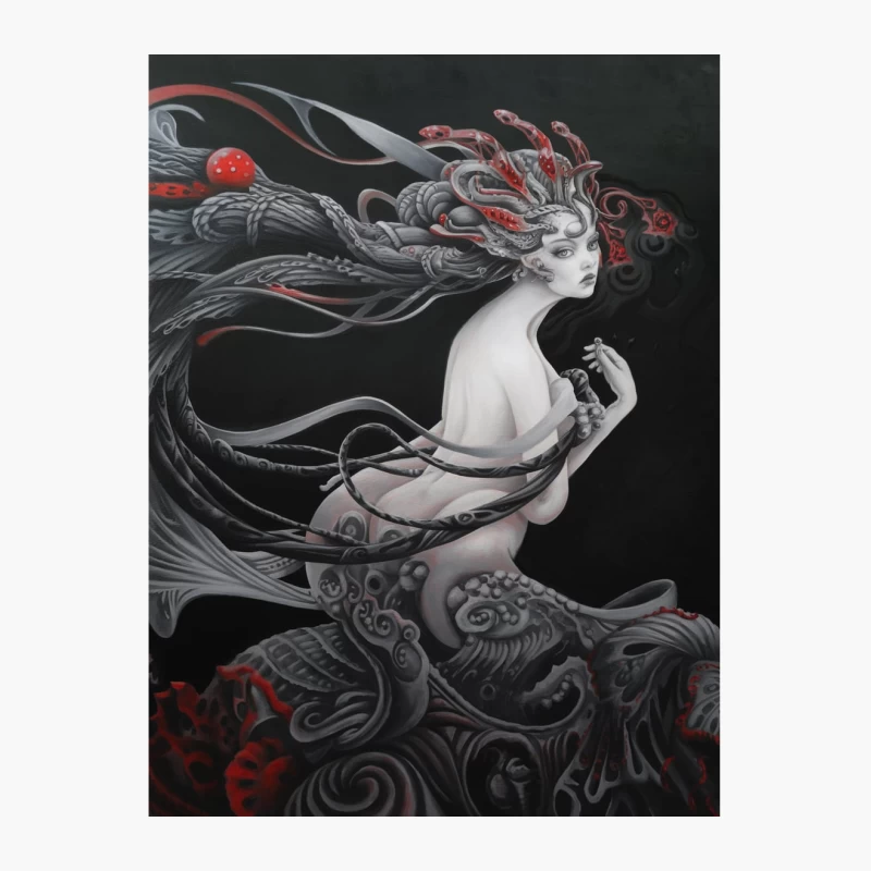Surreal Monochrome Fantasy: Tentacled Mythical Being with Red Accents Cotton Tote Bag