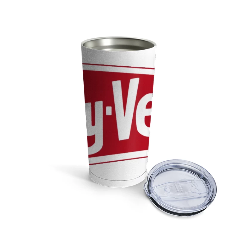 Hy-Vee Supermarket Chain Logo in Red and White Travel Mug