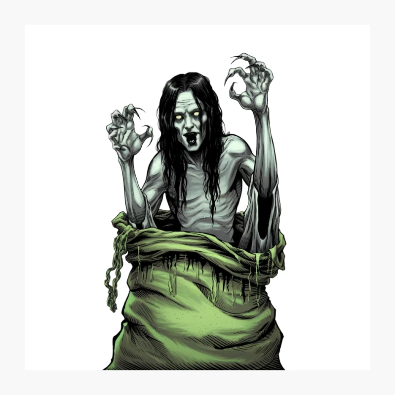 Grotesque Undead Monster with Green Skin and Long Hair Pin