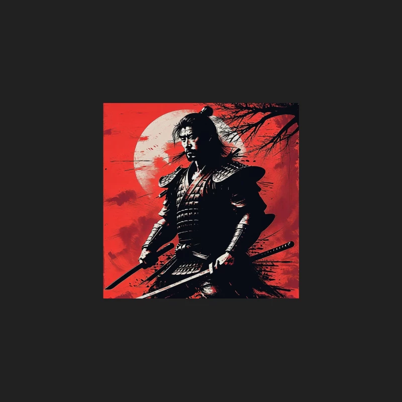 Dramatic Samurai Warrior Illustration with Red Moonlit Background Bucket Hat