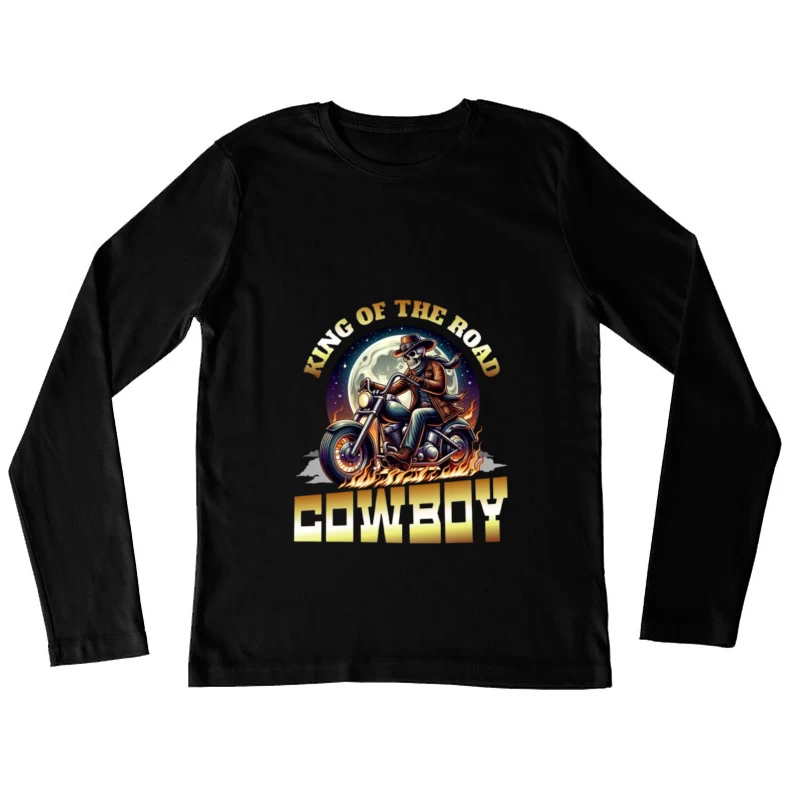 King of the Road: Skeleton Cowboy Biker Under Moonlight Female Long Sleeve T-Shirt