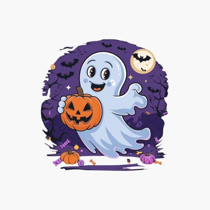 Cute Cartoon Ghost with Jack-o-Lantern on Spooky Halloween Night Cotton Tote Bag