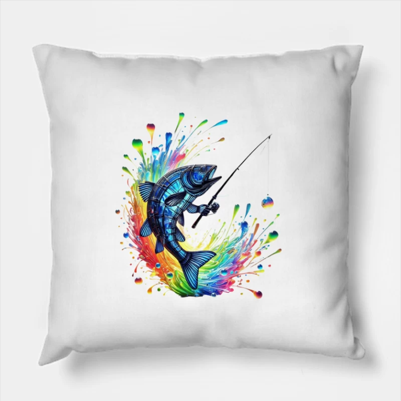 Rainbow Splatter Fish with Fishing Rod Art Throw Pillow