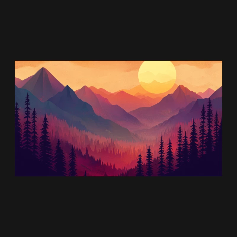 Vibrant Sunset Illustration of Mountain Forest Landscape Desk Mat