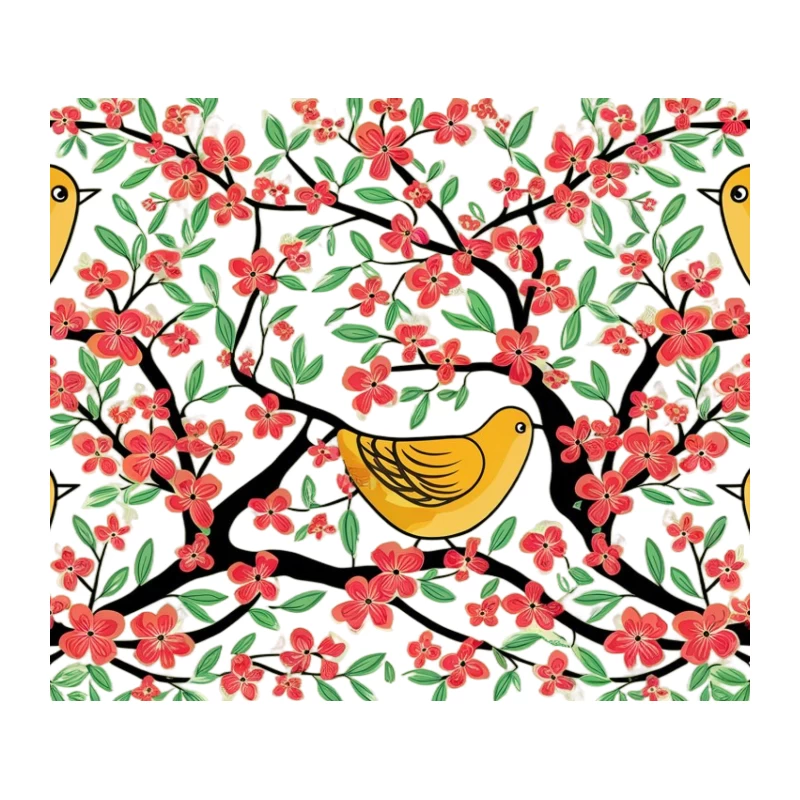Cheerful Yellow Birds Perched Among Blooming Cherry Blossoms Tapestry