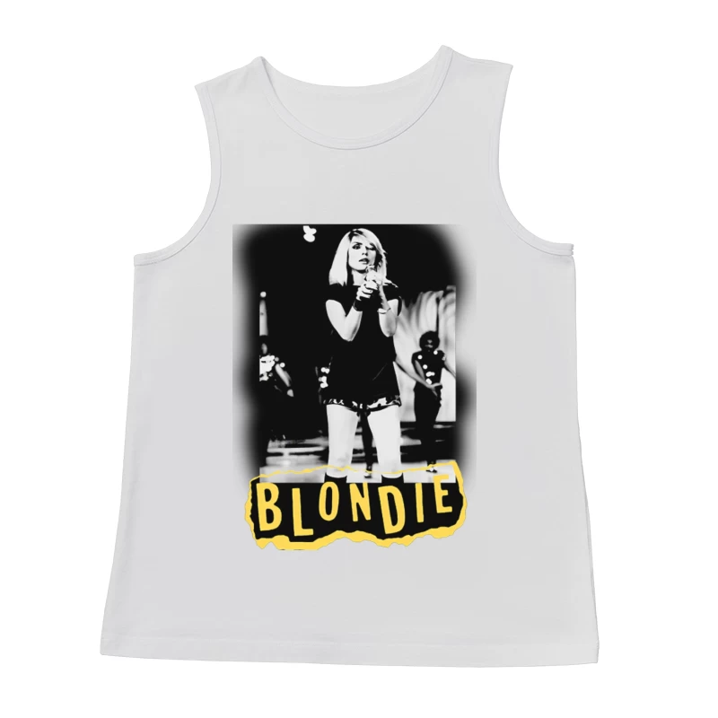 Iconic Blondie Concert Performance in Black and White, 1970s Male Tank Top