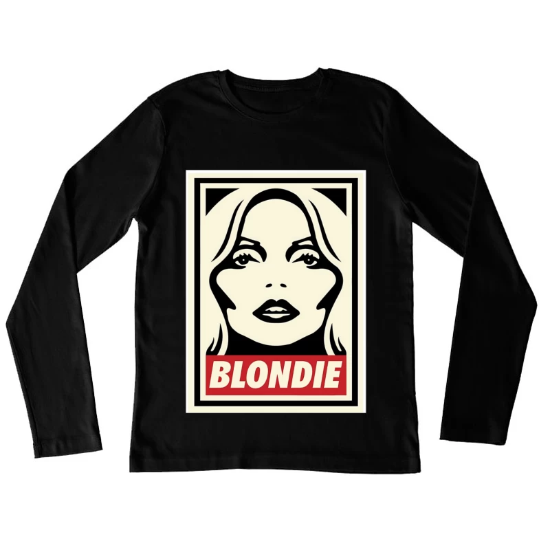 Stylized Pop Art Blondie Band Poster in Black and White with Red Text Female Long Sleeve T-Shirt