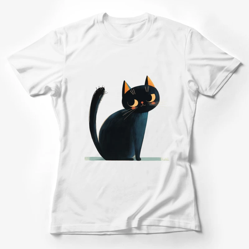 Adorable Black Cat Cartoon Illustration with Orange Ears Female T-Shirt