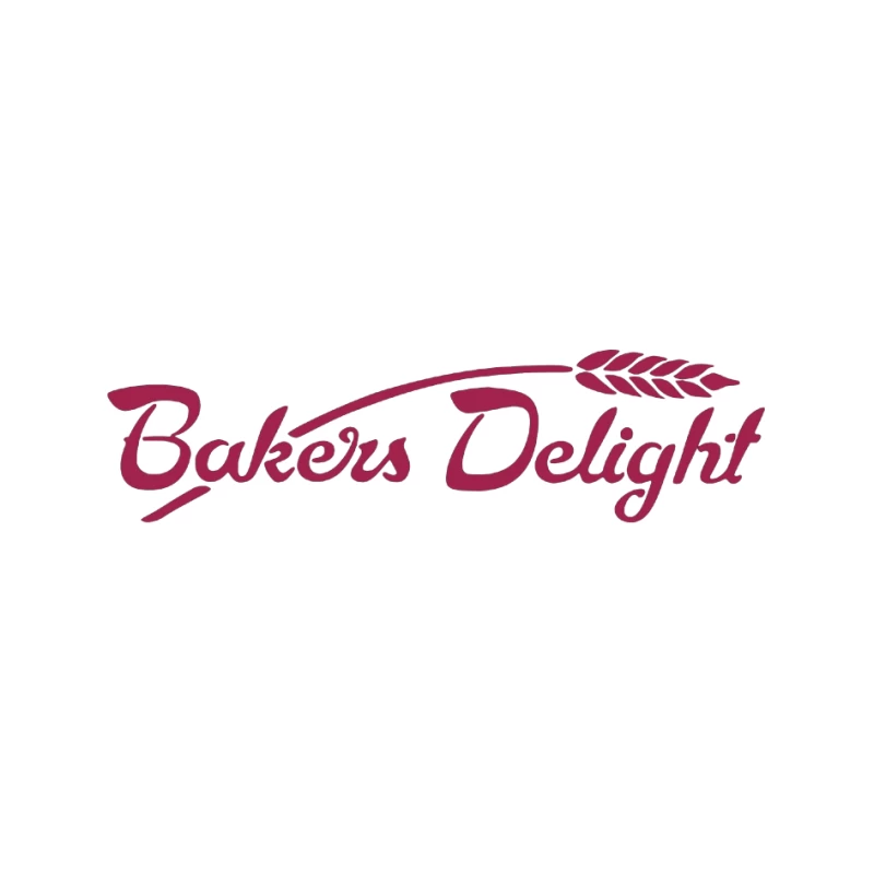 Bakers Delight Burgundy Cursive Logo with Wheat Symbol Pin