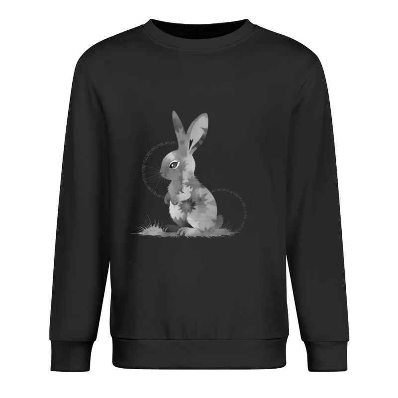 Grayscale Digital Art Illustration of a Sitting Rabbit Male Pullover Sweatshirt