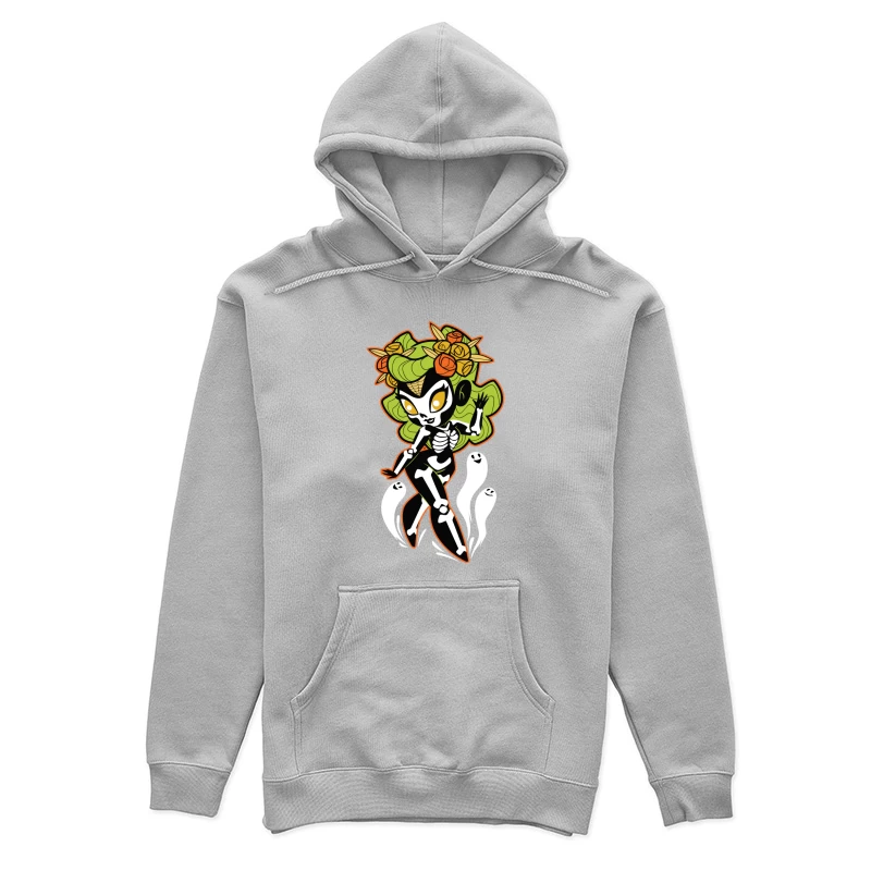 Ghostly Floral Skeleton Character Female Pullover Hoodie