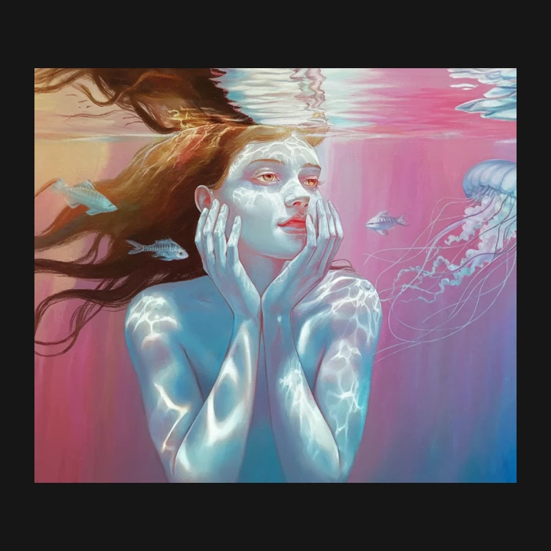 Ethereal Underwater Fantasy: Surreal Painting of Woman and Jellyfish Mouse Pad