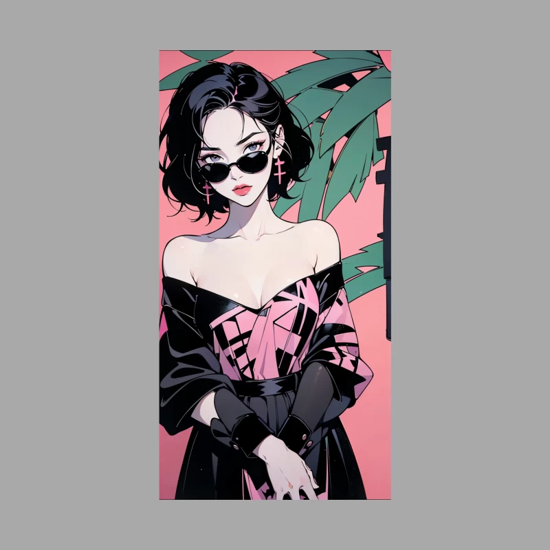 Stylish Anime Girl with Sunglasses: Fashion Illustration in Pink Male Pullover Hoodie