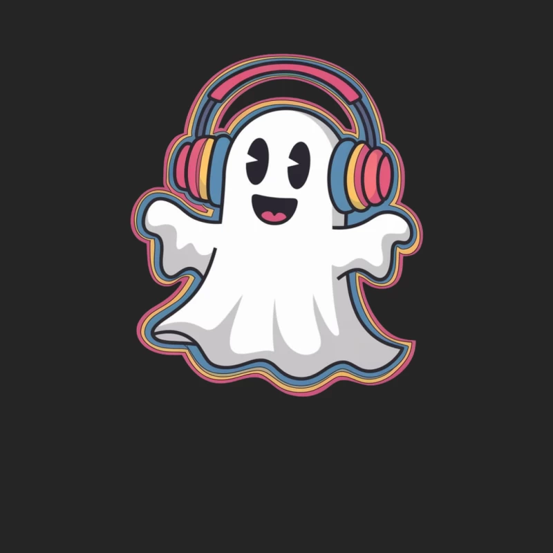Cute Cartoon Ghost with Colorful Headphones Digital Illustration Female Pullover Sweatshirt