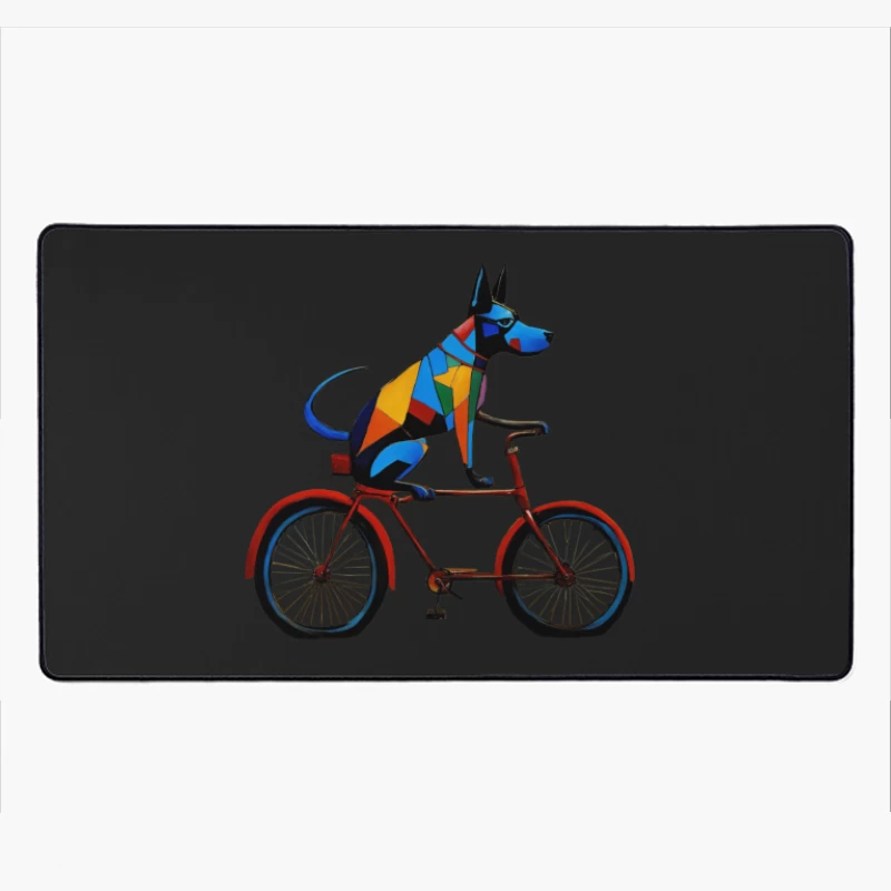 Geometric Colorful Dog Riding Red Bicycle Art Desk Mat