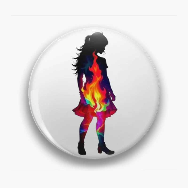 Vibrant Rainbow Fire Silhouette of Woman in Dress Pin