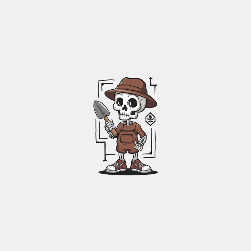 Cute Cartoon Skeleton Gardener with Shovel and Overalls Bucket Hat