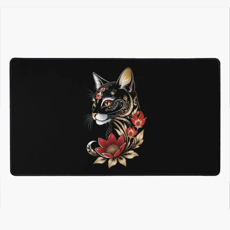 Decorative Black Cat with Flowers Desk Mat