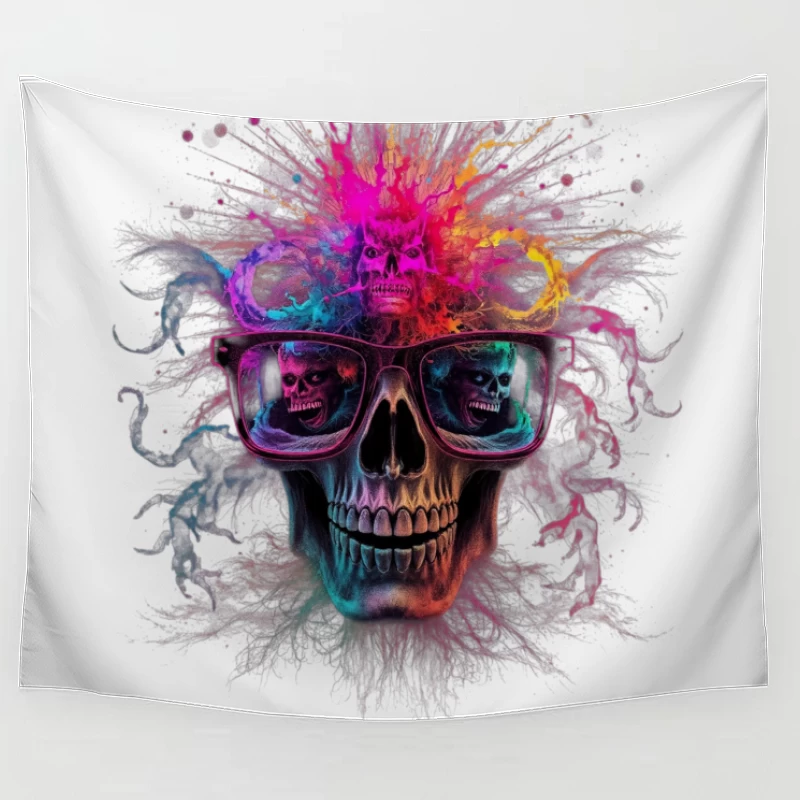 Psychedelic Skull with Reflective Sunglasses in Vibrant Colors Tapestry