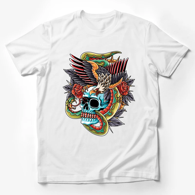 Colorful Tattoo Design Featuring a Skull, Eagle, and Snake Male T-Shirt