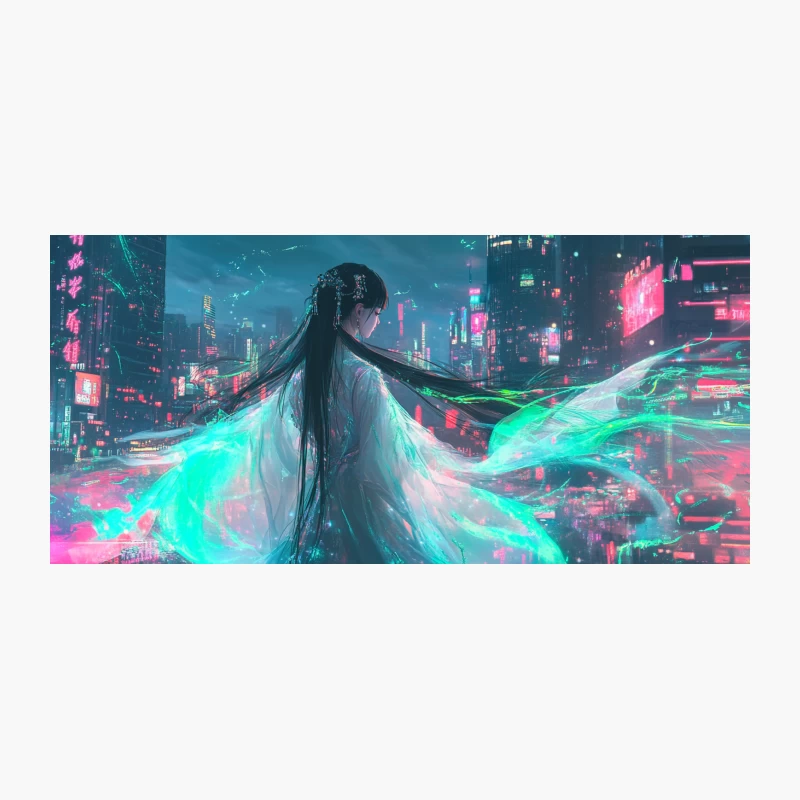 Ethereal Cyberpunk Vision: Neon-Lit Metropolis with Flowing-Haired Figure Coffee Mug