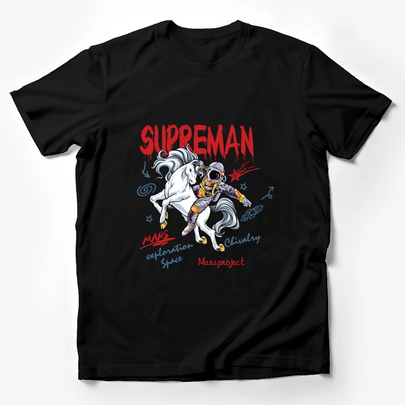 Ritterlicher Astronaut auf weißen Pferd im Weltraum Herren T-Shirt