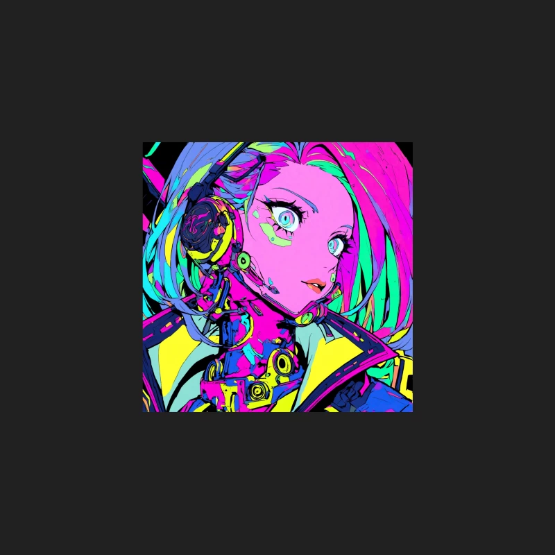 Vibrant Cyberpunk Anime Portrait in Neon Futuristic Style Bucket Hat