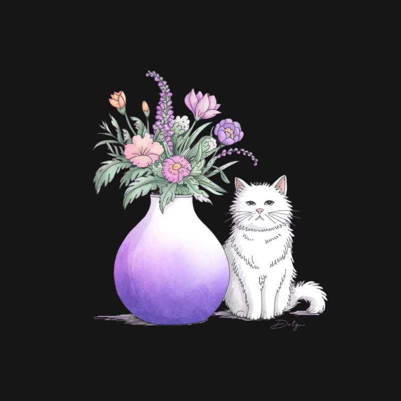 Whimsical Watercolor: White Cat and Purple Floral Vase Mouse Pad