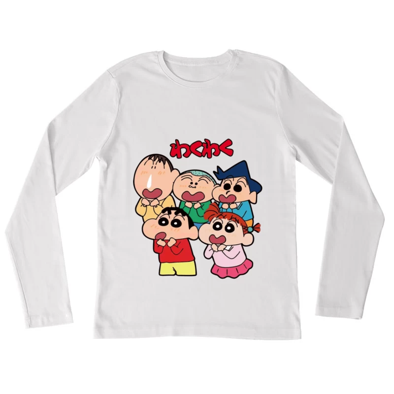 Fröhliche Zeichentrickfiguren in Erwartung Damen Langarm T-Shirt