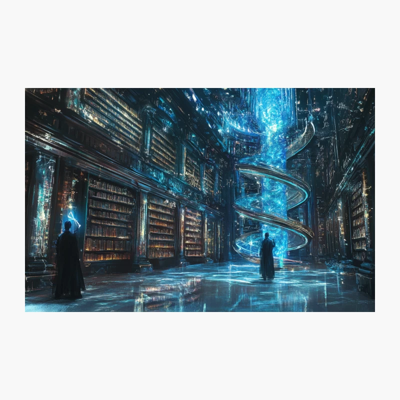 Mystical Futuristic Library with Glowing Magic Travel Mug