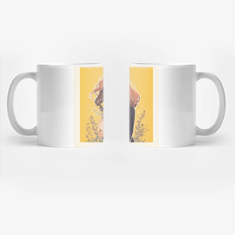 Bookish Girl with Yellow Flowers - Anime Style Illustration Coffee Mug